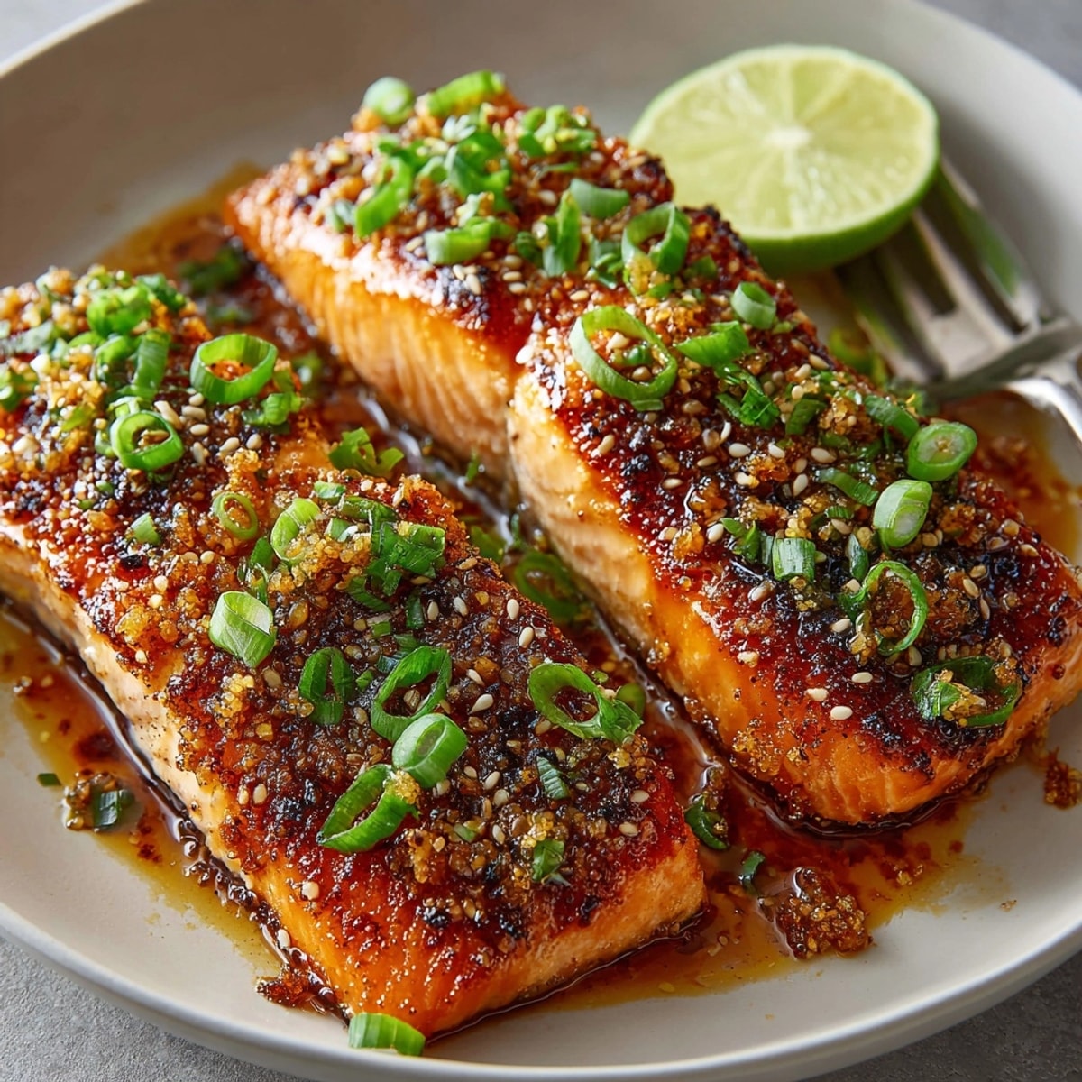 Beautifully glazed Fresh Ginger Soy Salmon, ready to serve, with vibrant green onions sprinkled on top.