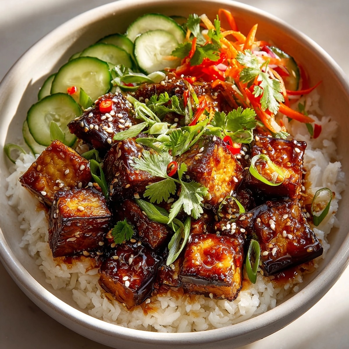Golden-brown miso ginger glazed eggplant bowls, served with rice and fresh toppings for a delicious vegetarian dinner.