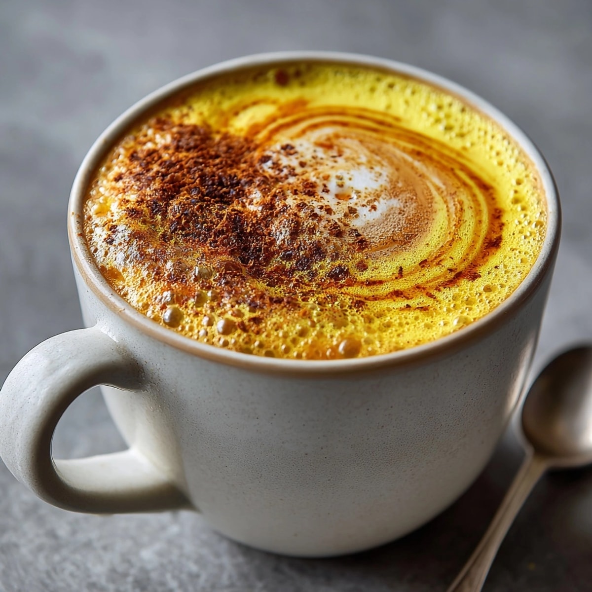 Steaming Spiced Turmeric Ginger Golden Milk Latte, a vibrant, yellow comforting drink in a mug.