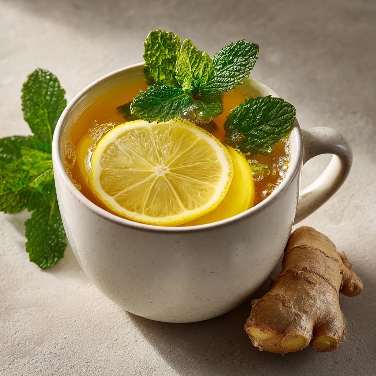 Steaming mug of Immunity-Boosting Ginger Lemon Detox Tea with lemon slice and fresh mint garnish.