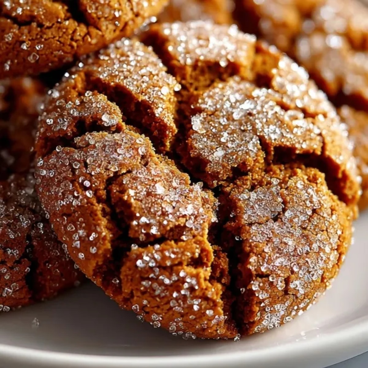 Golden, crinkled Ginger Molasses Crinkle Cookies, spiced and sugared, ready to enjoy with a warm beverage.