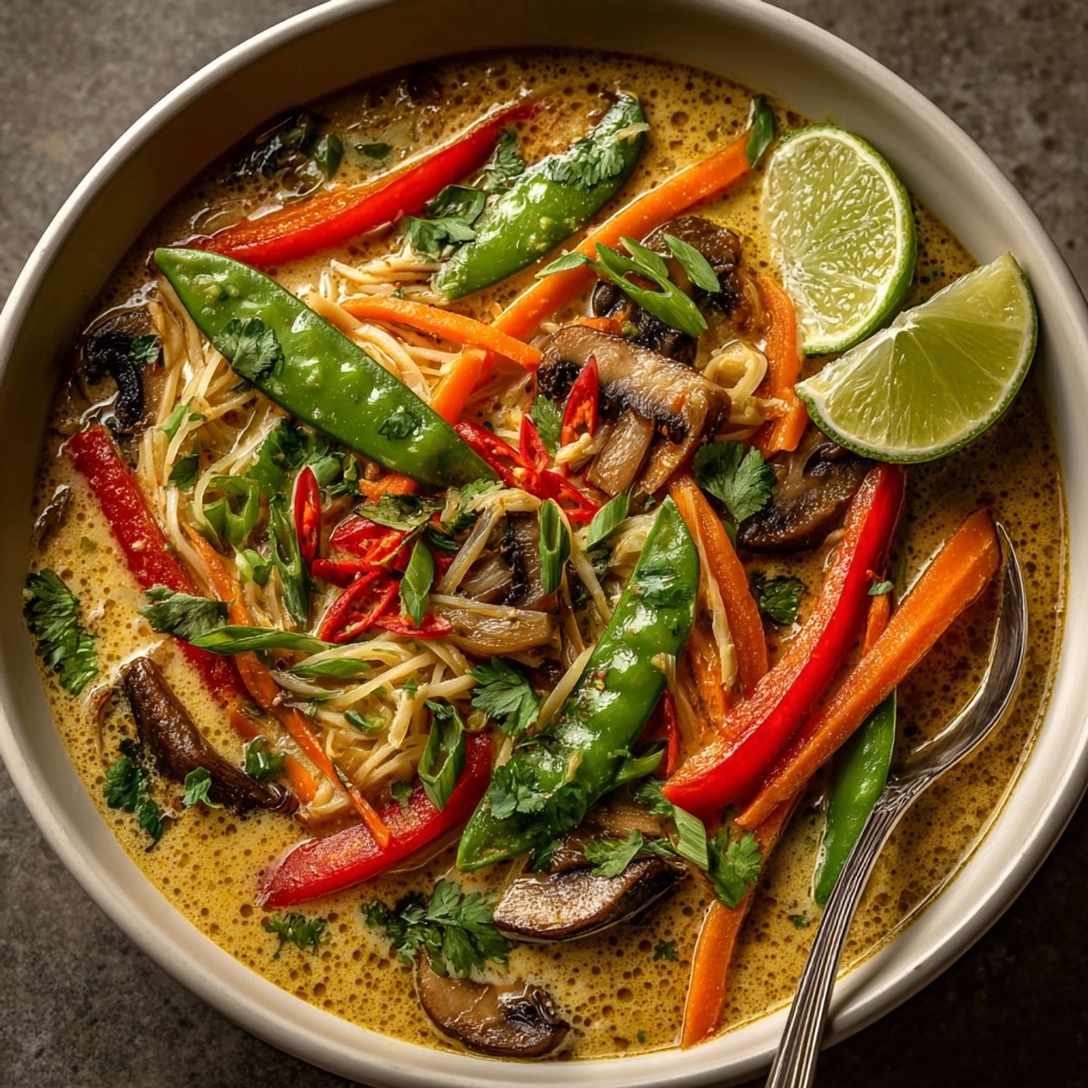 Steaming bowl of Thai Ginger Coconut Curry Soup, garnished with fresh cilantro and lime wedges.