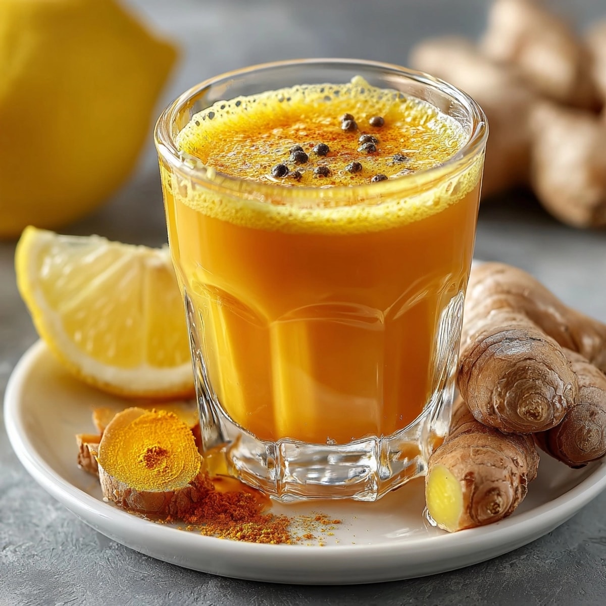 Vibrant Ginger Turmeric Wellness Shots with honey and lemon, a bright yellow, healthy morning beverage.