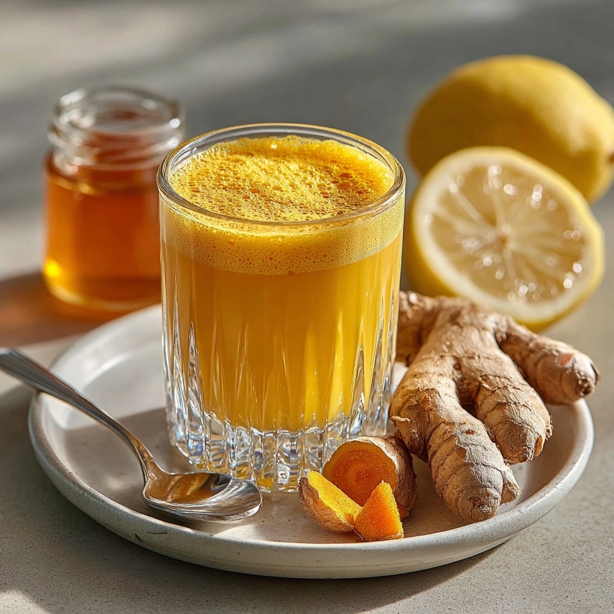 Freshly made Ginger Turmeric Wellness Shot with honey and lemon in a glass, ready to energize your day.