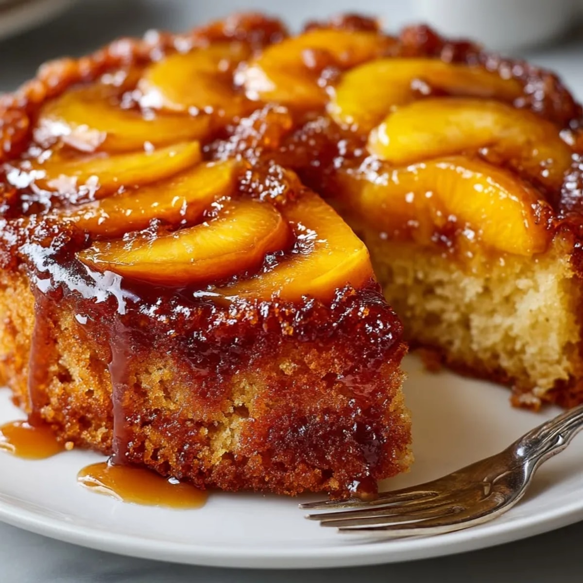 Golden, baked Ginger Peach Upside-Down Cake showcasing caramelized peaches, ready to serve.