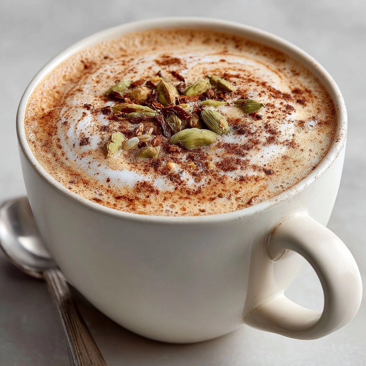 Steaming hot Fresh Ginger and Cardamom Chai Latte, the perfect spiced beverage to sip.