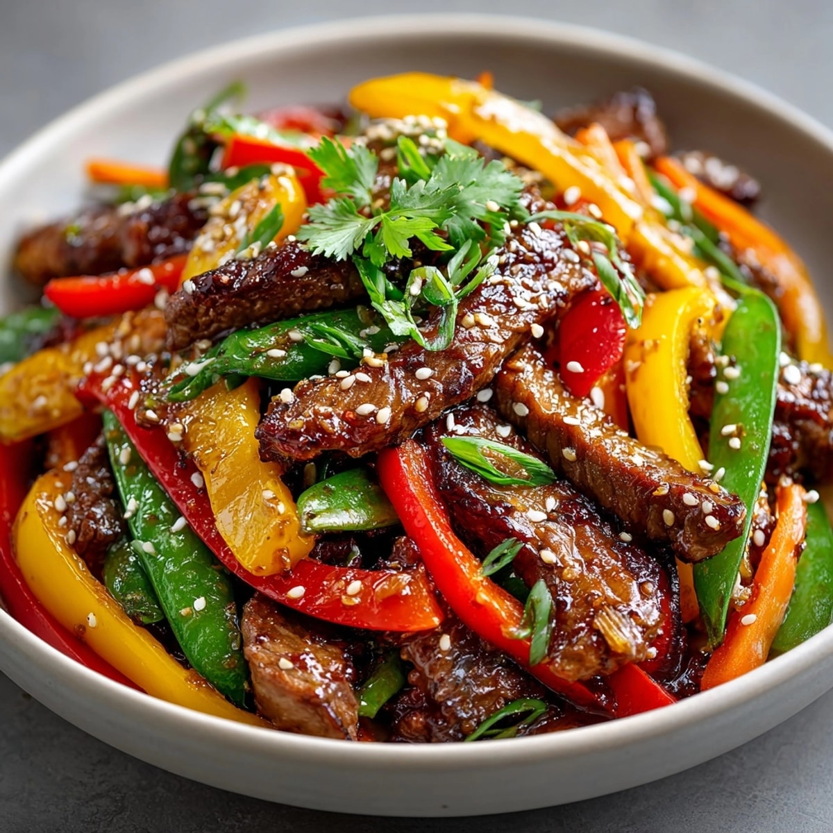 Steaming Asian style ginger beef stir-fry topped with sesame seeds; a flavorful quick dinner idea.