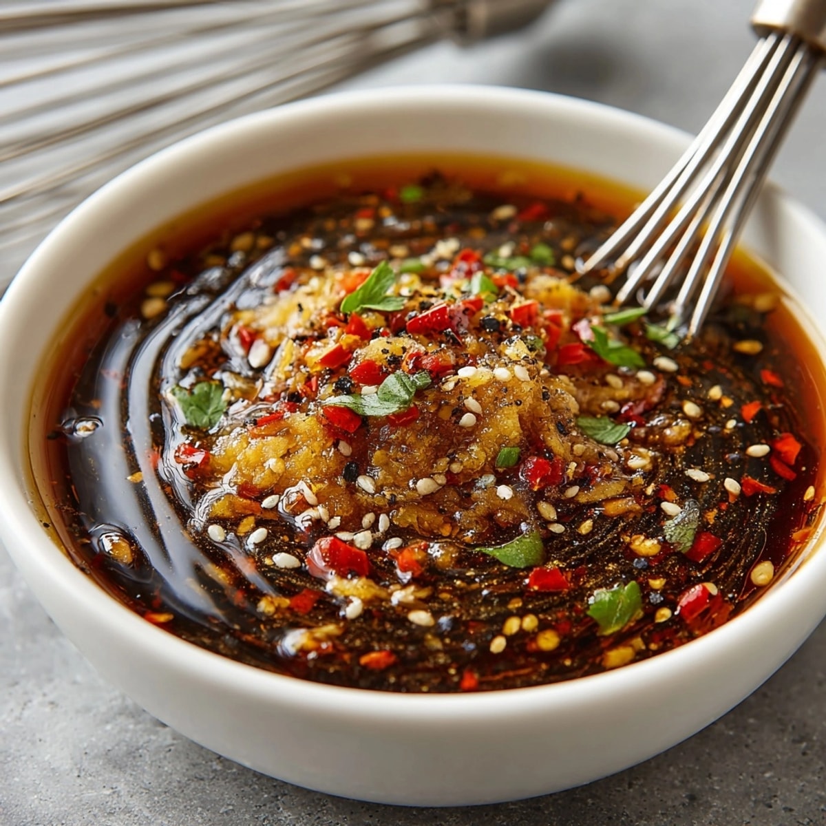 Close-up of juicy steak coated in rich Ginger & Garlic Savory Marinade, ready for grilling.