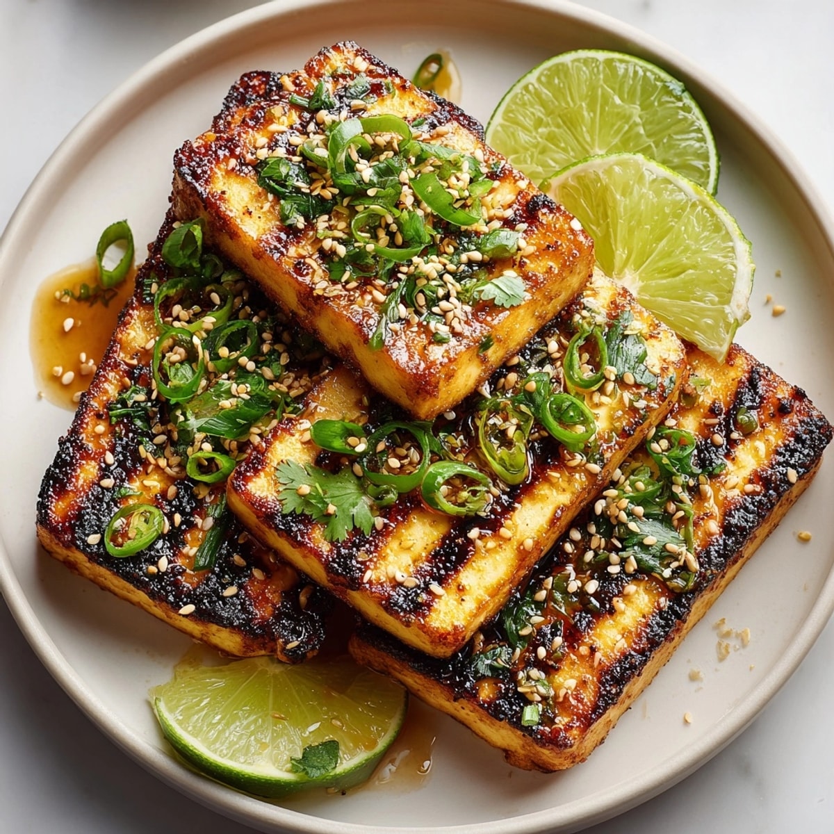 Grilled Thai Ginger Lime Tofu, glistening with marinade and ready to serve with fresh cilantro.