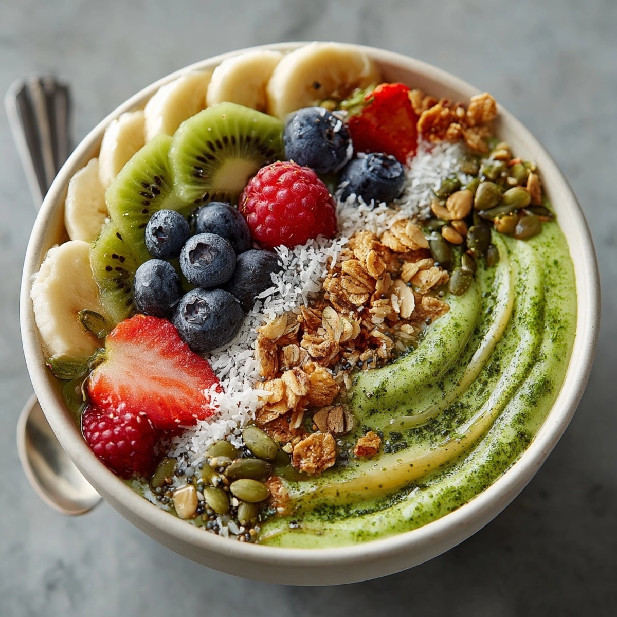 Vibrant Fresh Ginger and Matcha Smoothie Bowl, topped with colorful berries and crunchy seeds ready to eat.