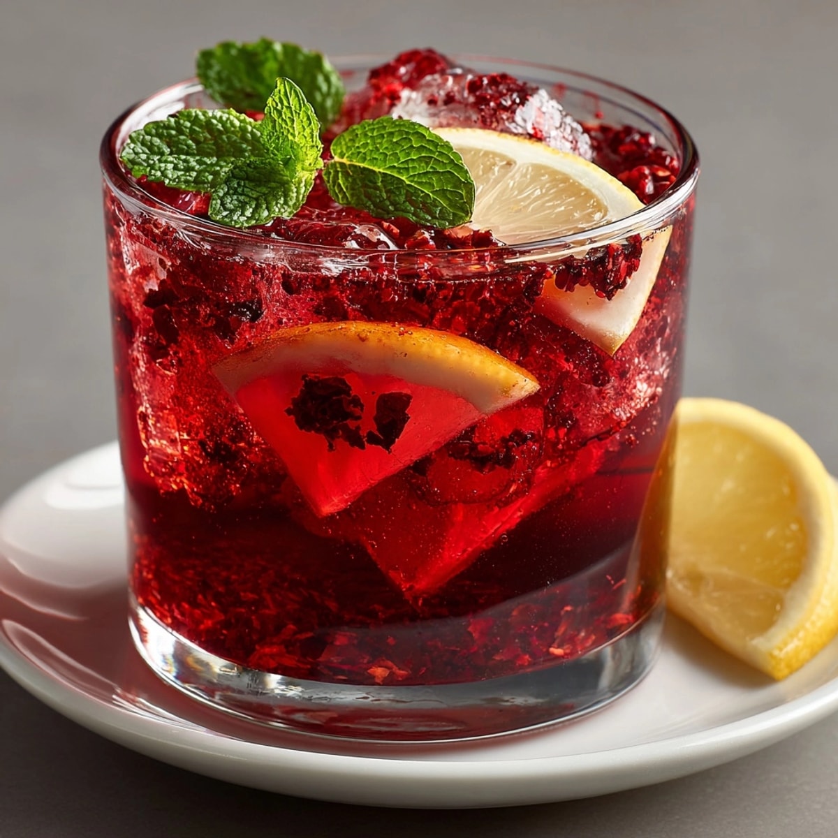 A tall glass of Spiced Ginger Hibiscus Iced Tea, beautifully garnished for summer refreshment.