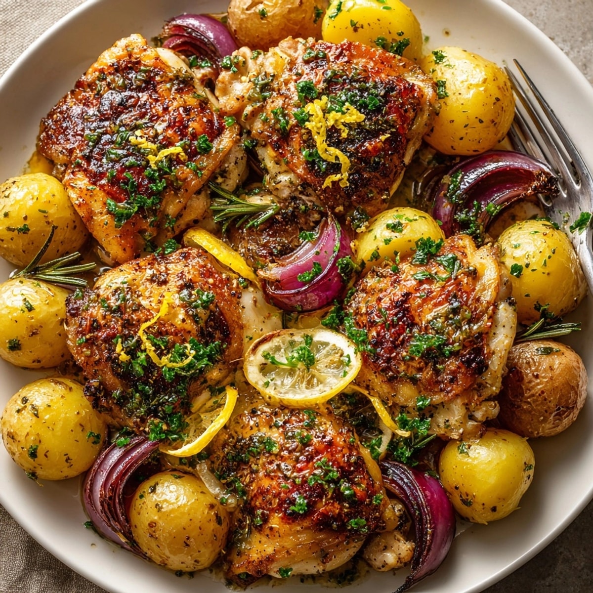 Golden brown Lemon Herb Chicken and Potatoes with tender roasted potatoes and crispy chicken skin close-up.