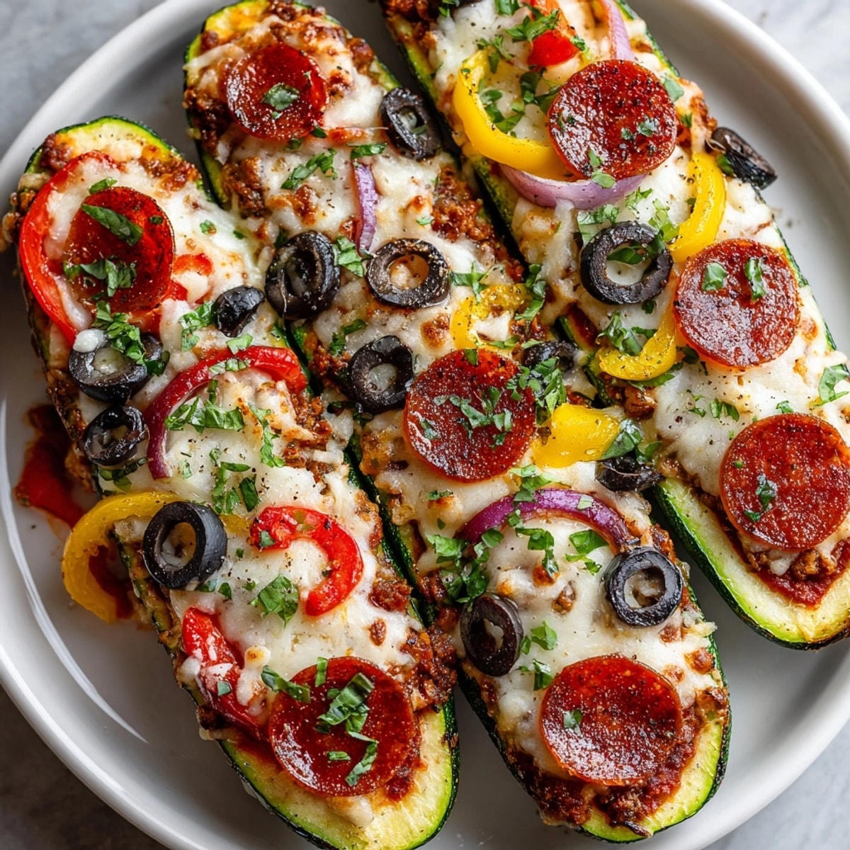 Golden, bubbly zucchini pizza boats brimming with cheese, pepperoni, and fresh herbs.