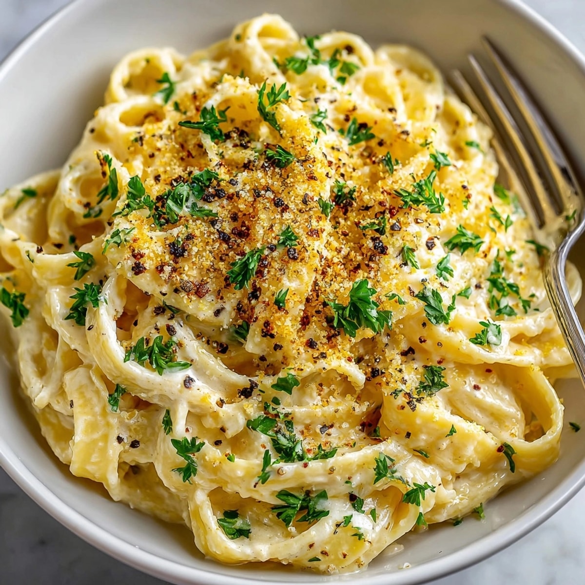 Creamy Cashew Alfredo Pasta, the vegan delight, topped with golden nutritional yeast Parmesan.