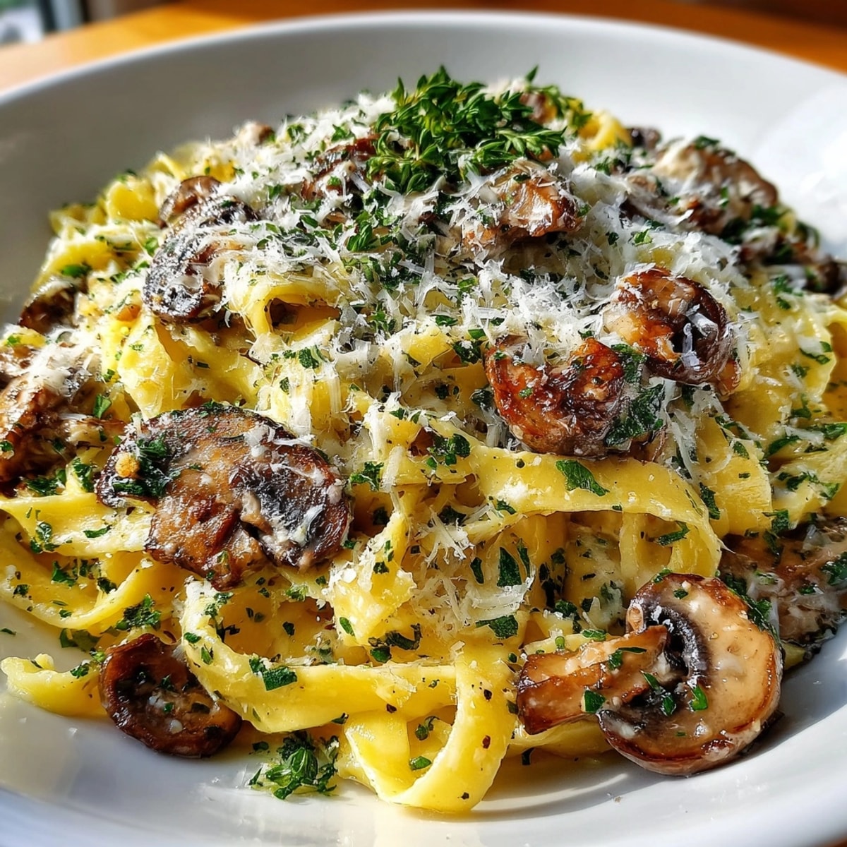 Steaming bowl of Mushroom Duxelles Pasta with Truffle Oil Mist, ready to eat, with fresh parsley.