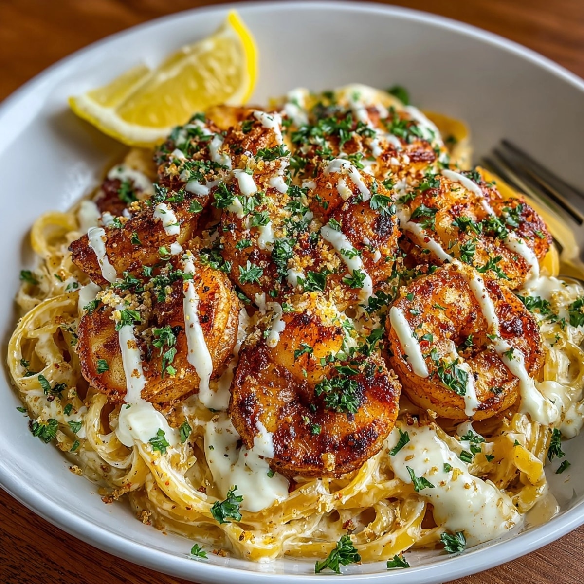 Nashville Hot Shrimp Pasta with shrimp coated in a fiery glaze, served over creamy pasta.