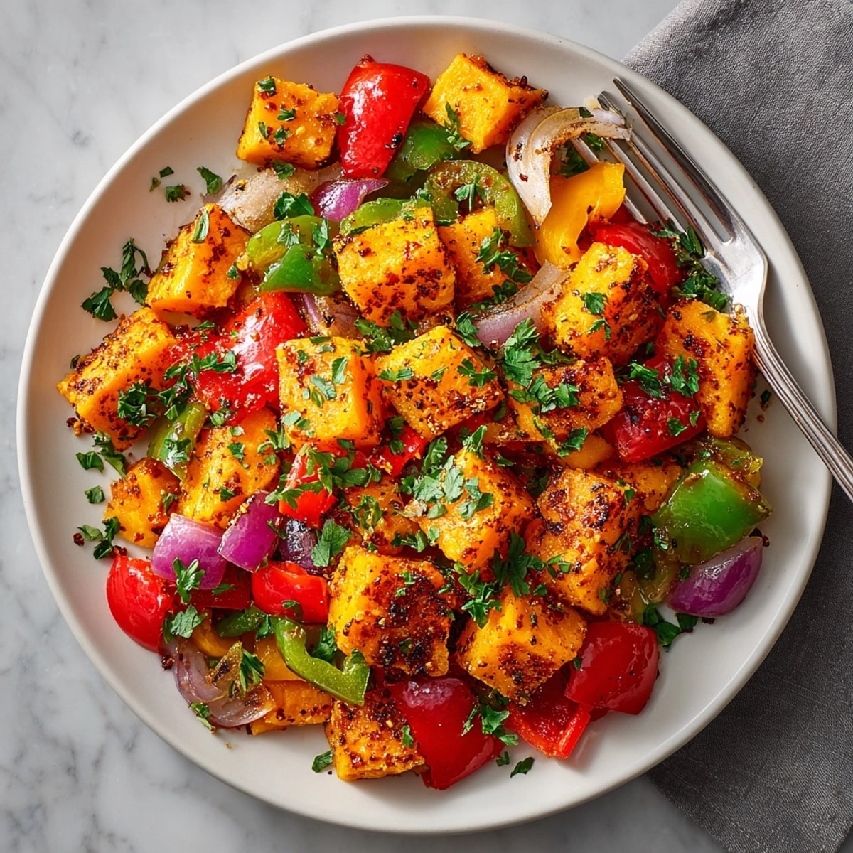 Close-up of cinnamon-spiced sweet potato hash in skillet, vibrant colors and caramelized edges visible.