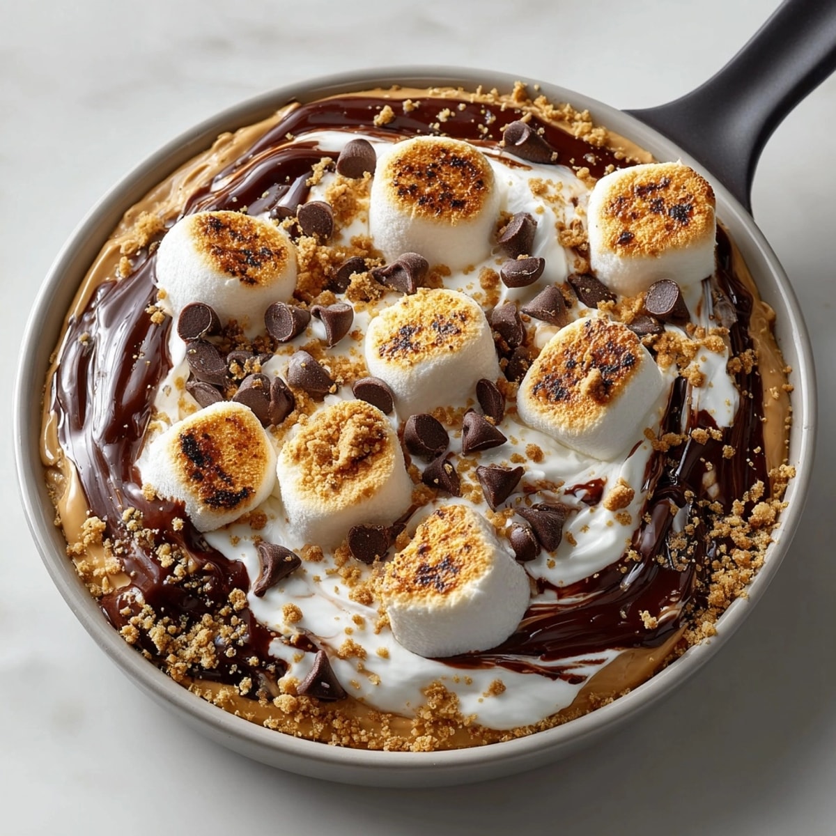 Peanut Butter S’mores Dip with Graham Cracker Crumbles bubbling hot from the oven, marshmallows golden.