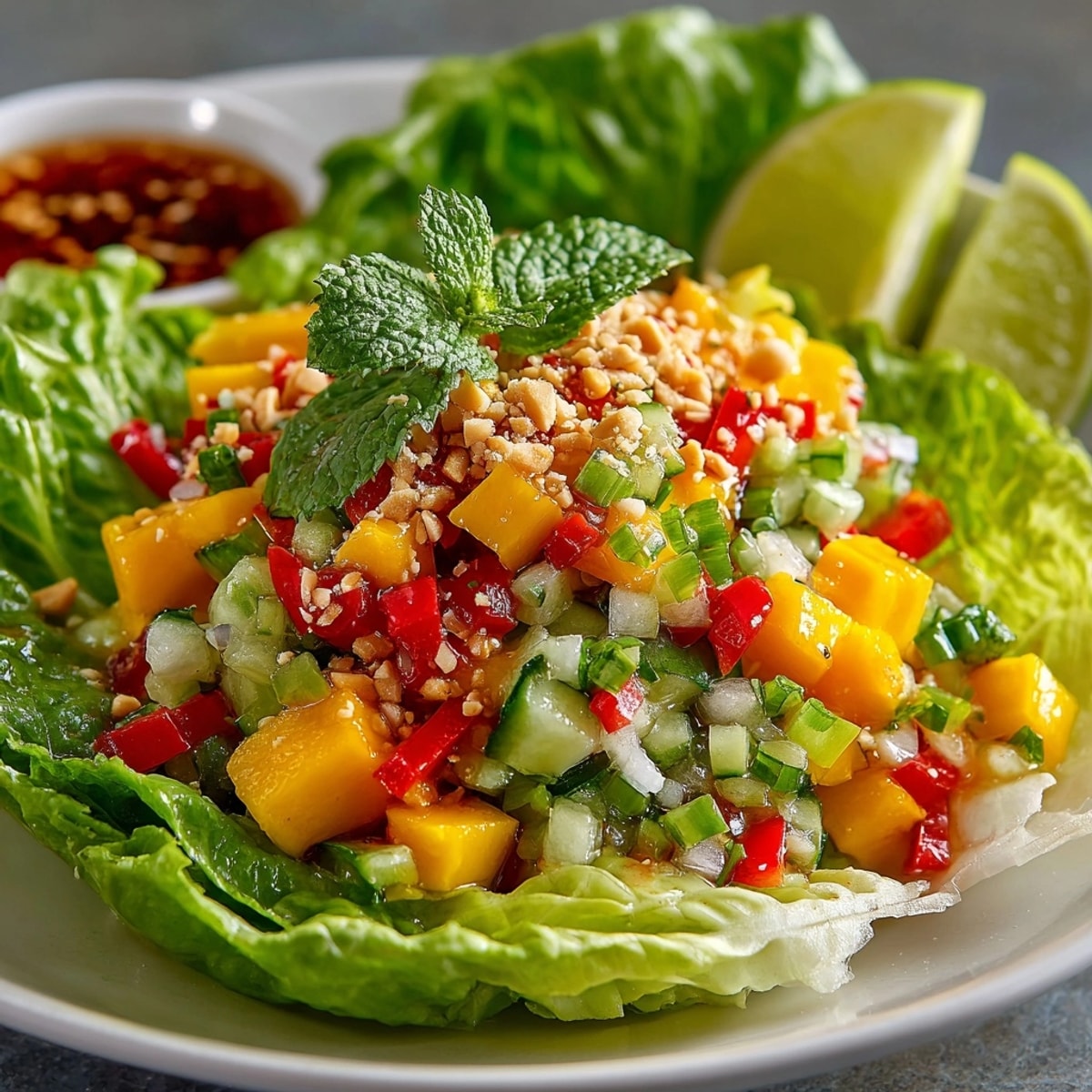 Colorful Thai Mango Avocado Salad Cups served in crisp lettuce leaves with fresh herbs.