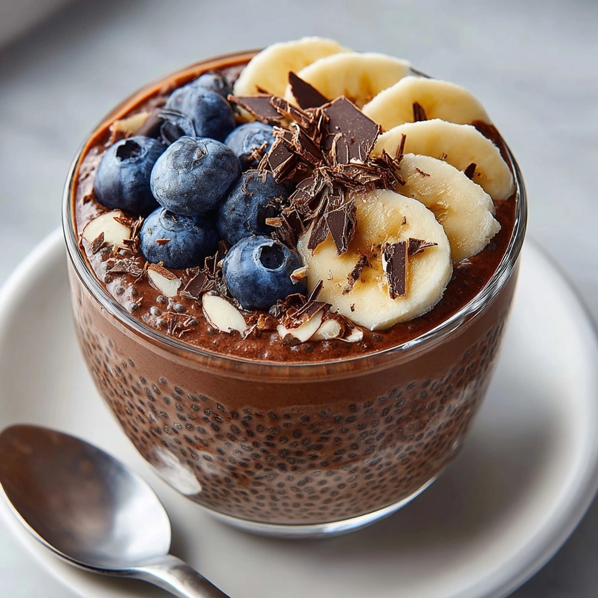 Protein-Packed Chocolate Chia Pudding topped with fresh berries, sliced bananas, and dark chocolate shavings.