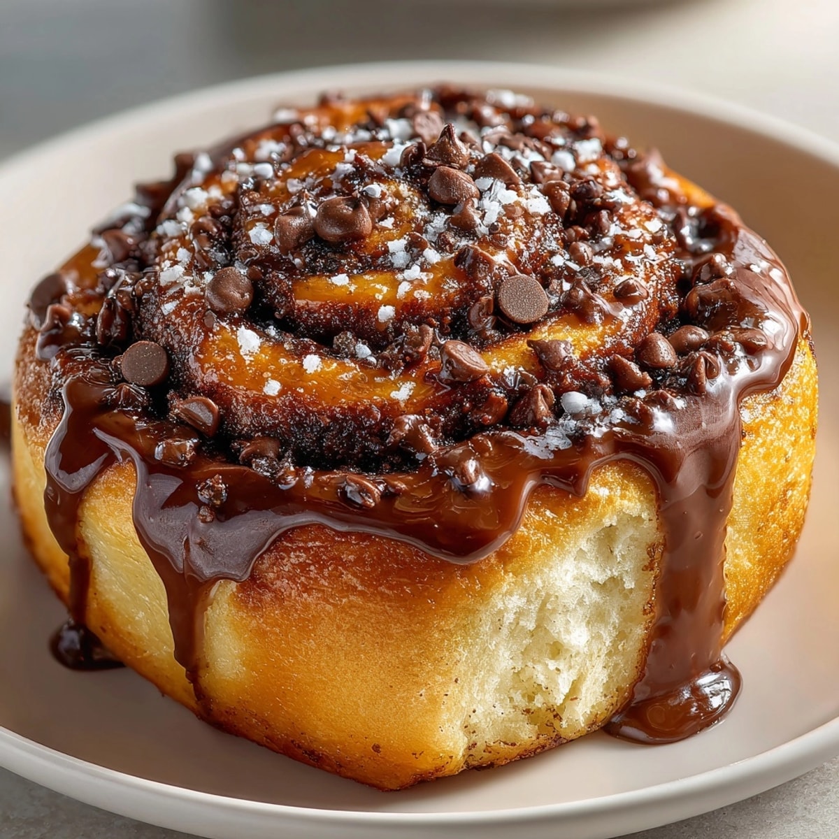 Freshly baked chocolate cinnamon rolls drizzled with glossy chocolate glaze ready for breakfast.