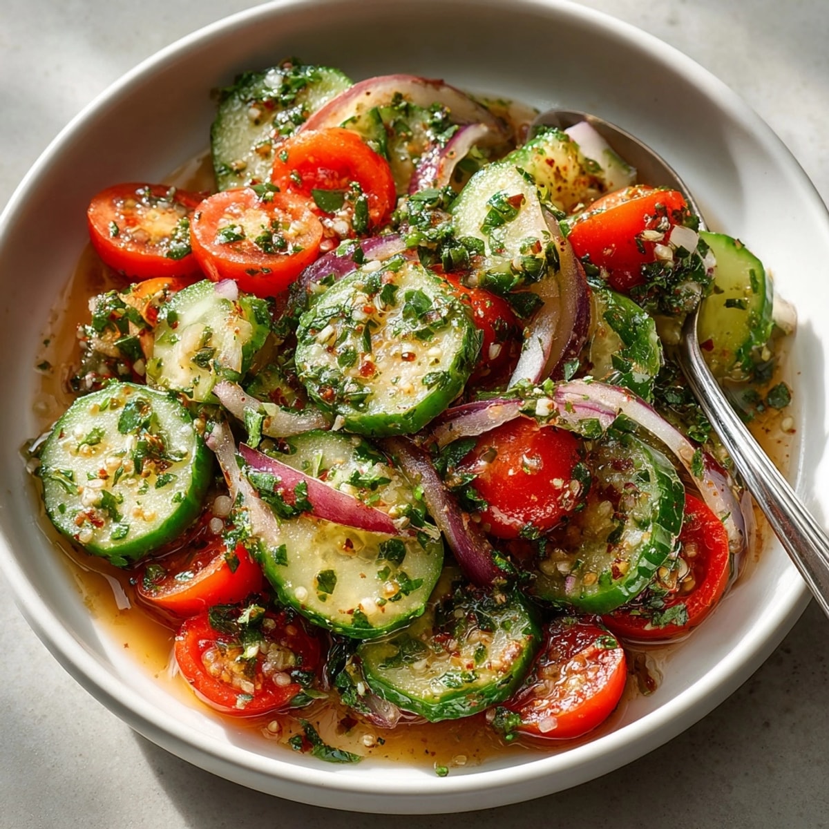 Vibrant Marinated Cucumbers, Onions, and Tomatoes salad glistening with tangy vinaigrette, ready to serve.