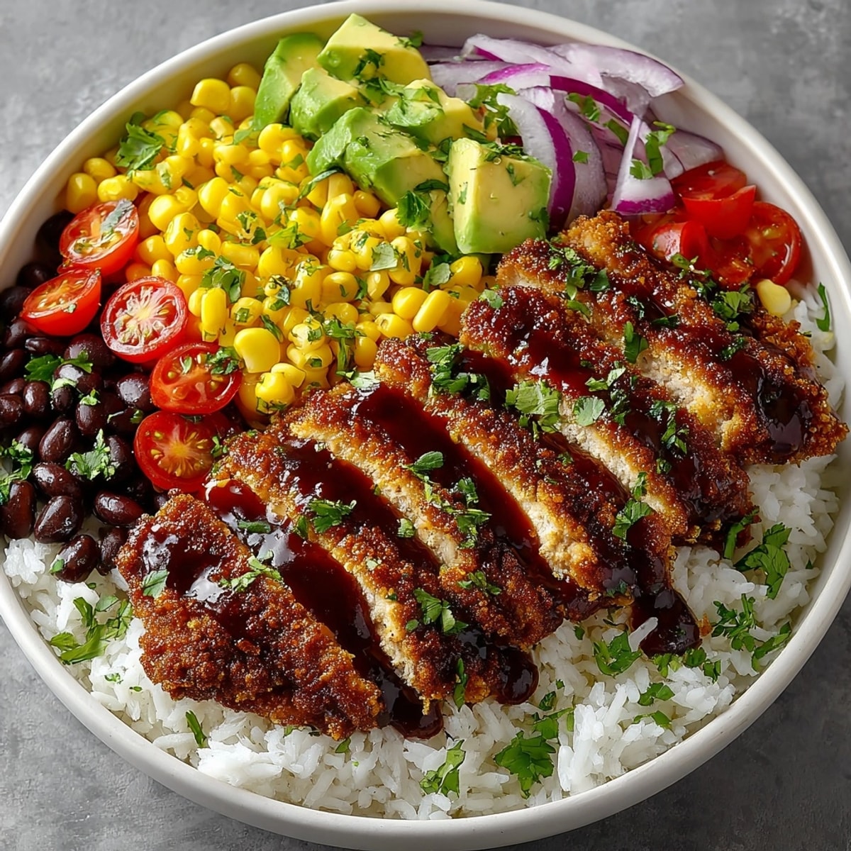 Honey Chipotle Chicken Rice Bowls topped with fresh avocado and vibrant chopped cilantro for dinner.