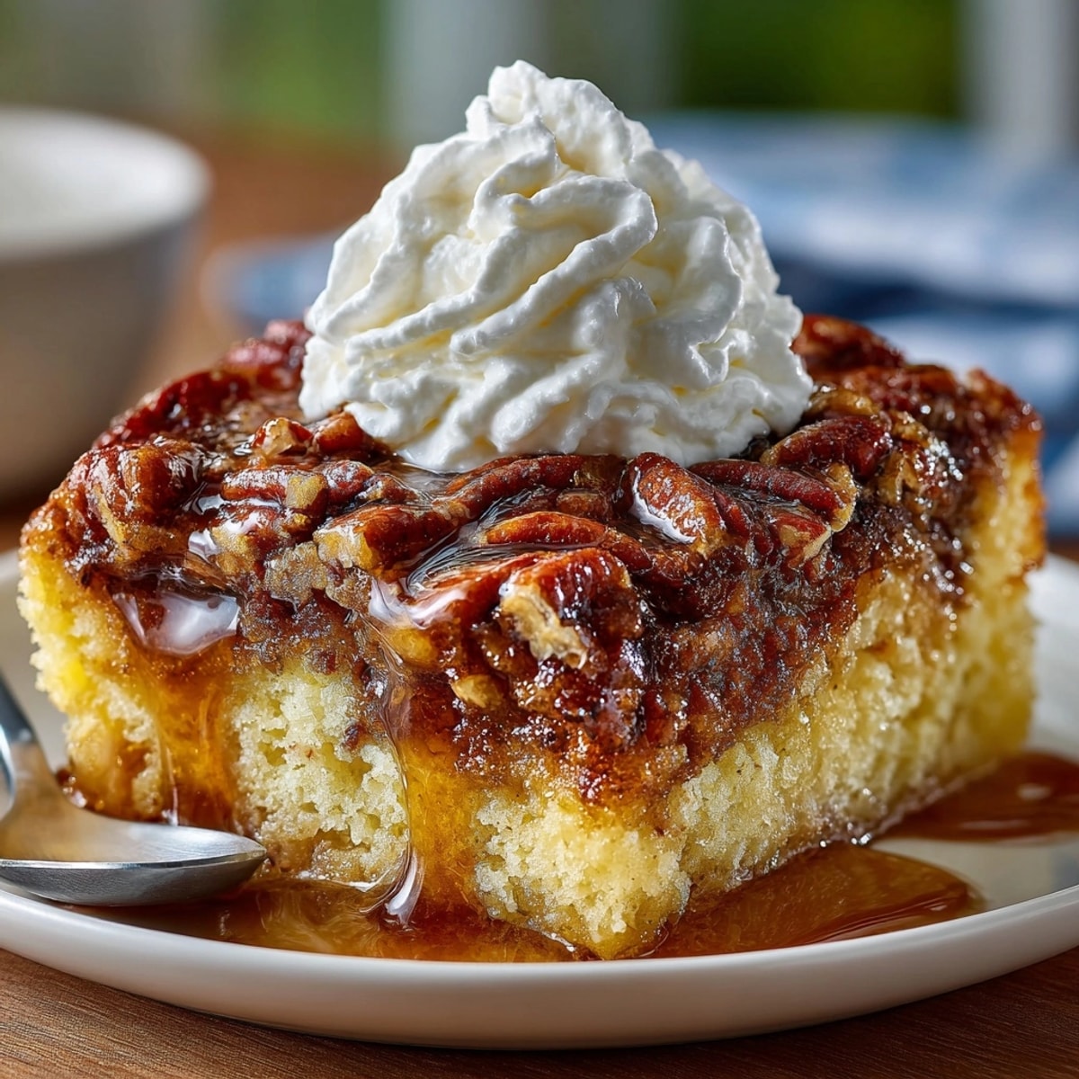 Homemade pecan pie dump cake fresh from the oven, with golden, bubbling edges.