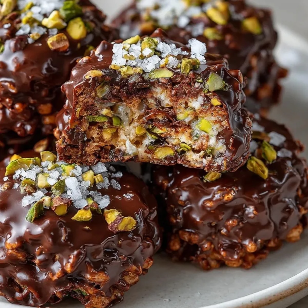 Chocolate Pistachio Pralines with crisp layers and bold nutty center, elegantly topped with sea salt.