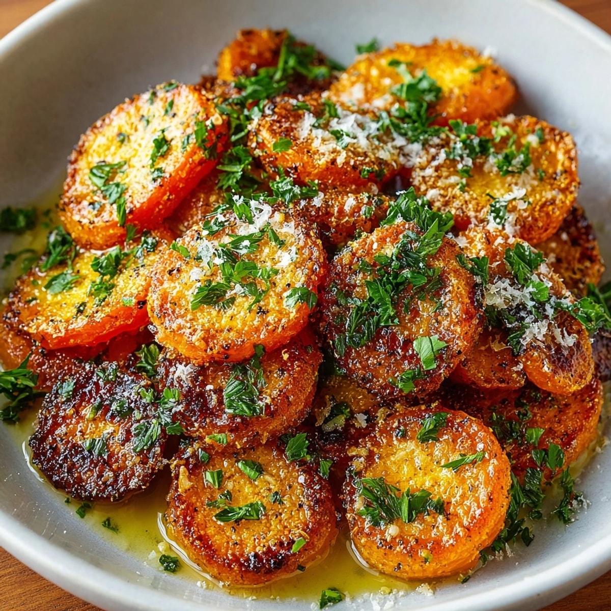 Golden crispy smashed carrots glistening with olive oil and garnished with fresh parsley.