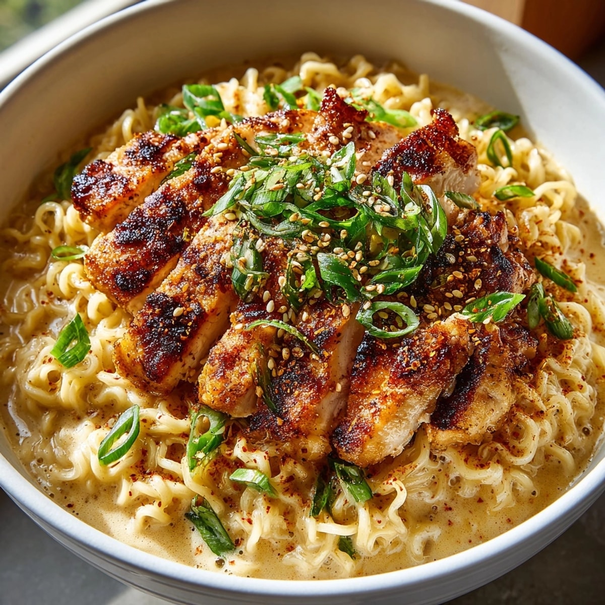 Fiery Chicken Ramen with Creamy Garlic Sauce, garnished with green onions, served steaming hot.