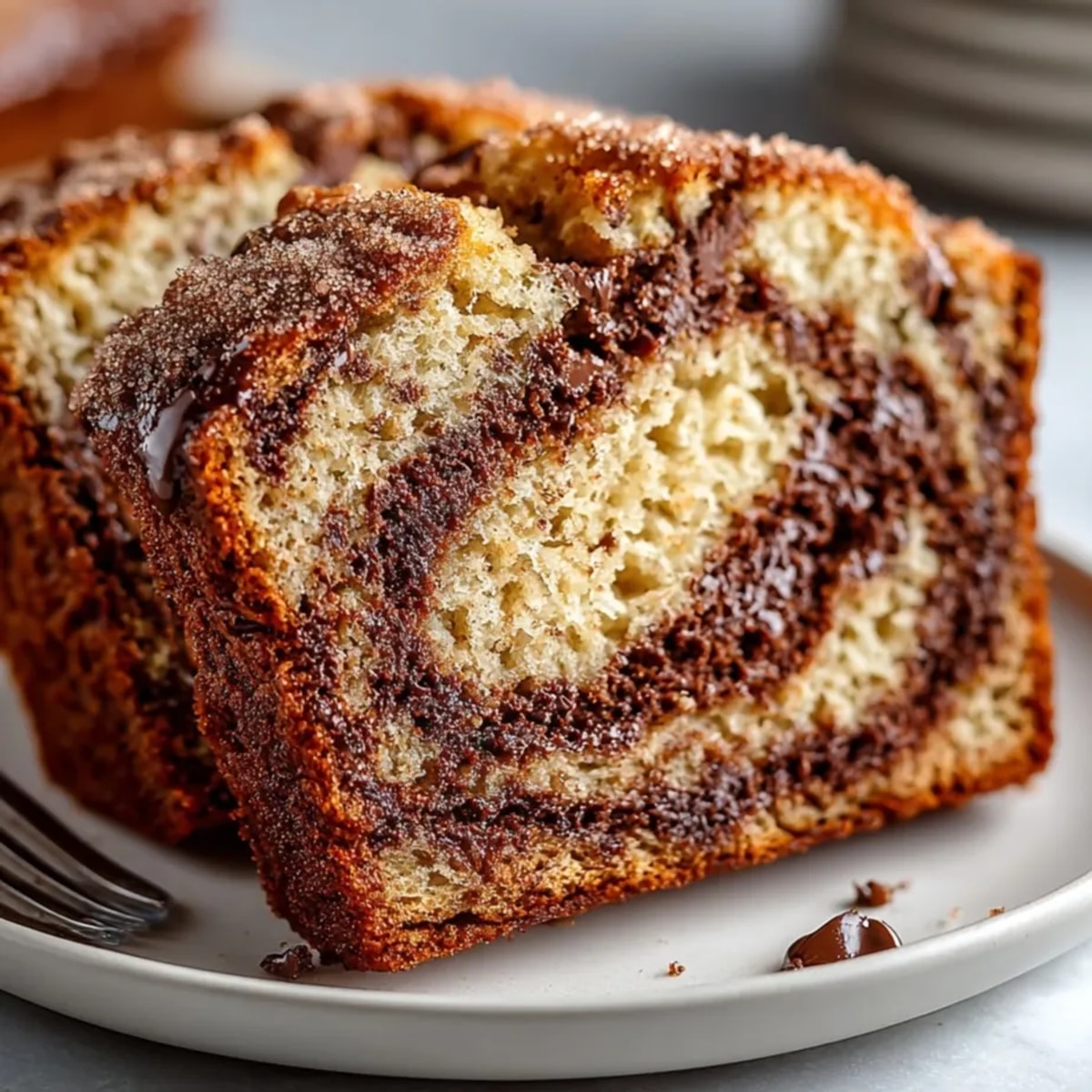 Golden Cinnamon Cocoa Banana Bread loaf, still warm ready to slice and enjoy.