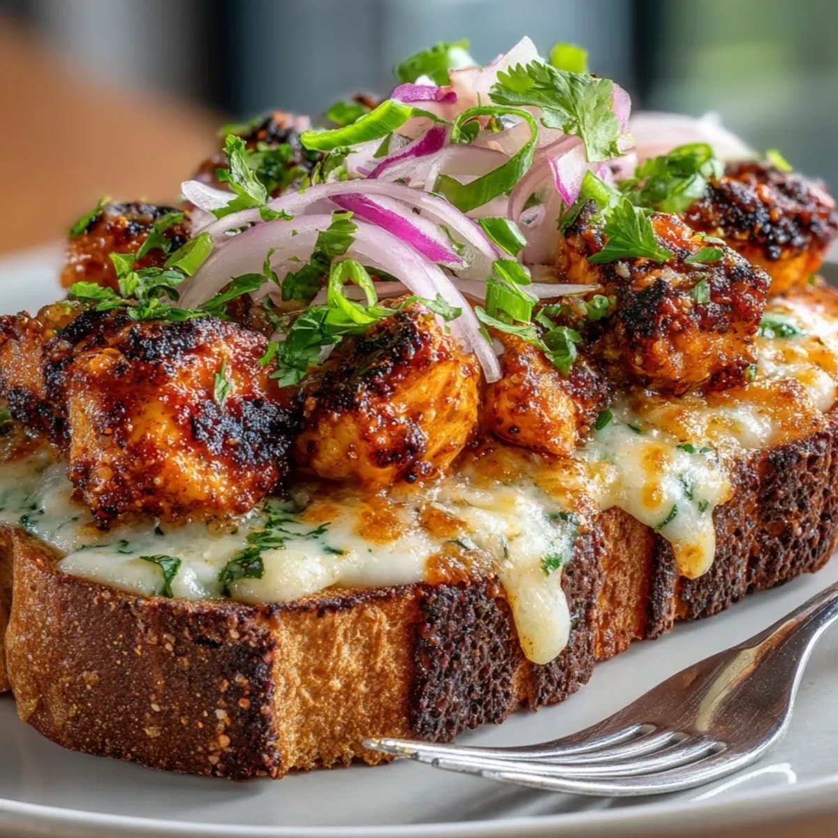 Golden, bubbly Cheesy Chicken Tikka Toast, topped with cilantro and red onion, ready to serve.