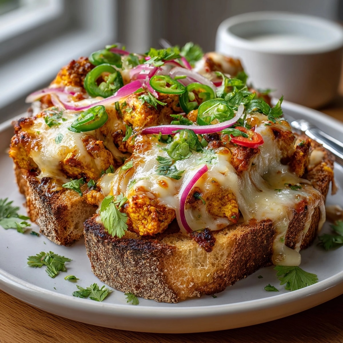 Warm, toasted bread piled high with savory Cheesy Chicken Tikka; cheese oozing under the broiler.