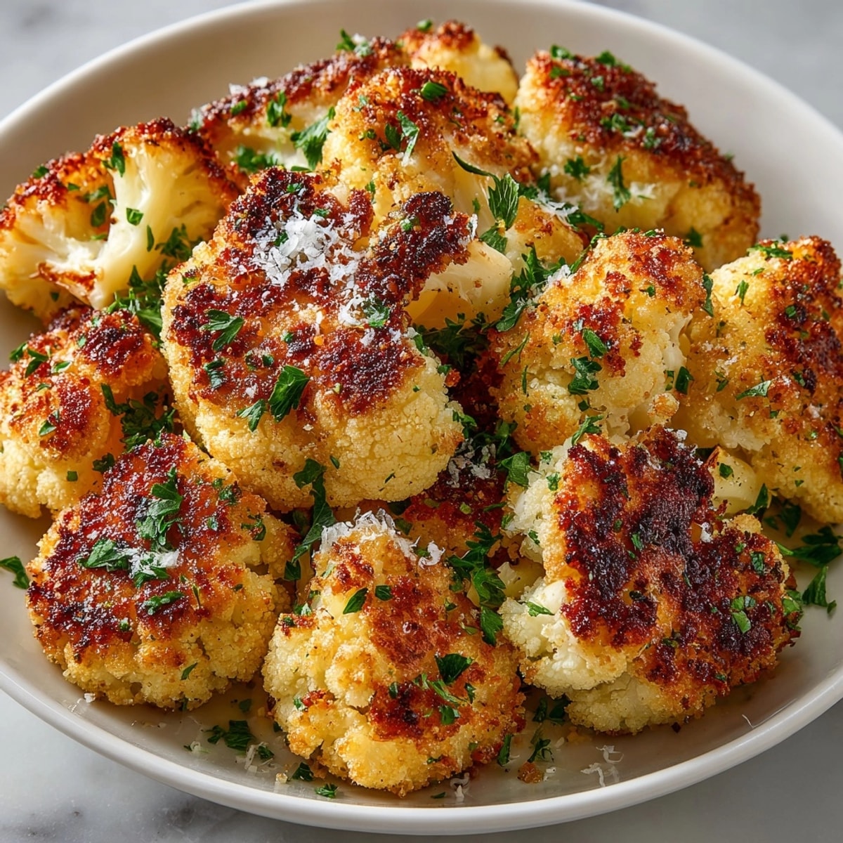 Golden, crispy Garlic Parmesan Cauliflower Bites fresh from the oven, ready to serve.