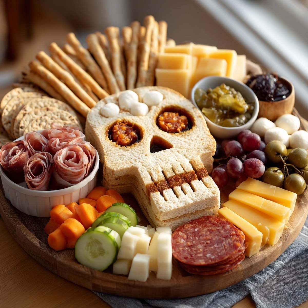 Spooky Skeleton Charcuterie Meat & Cheese Board: salty prosciutto ribs and grape eyes.