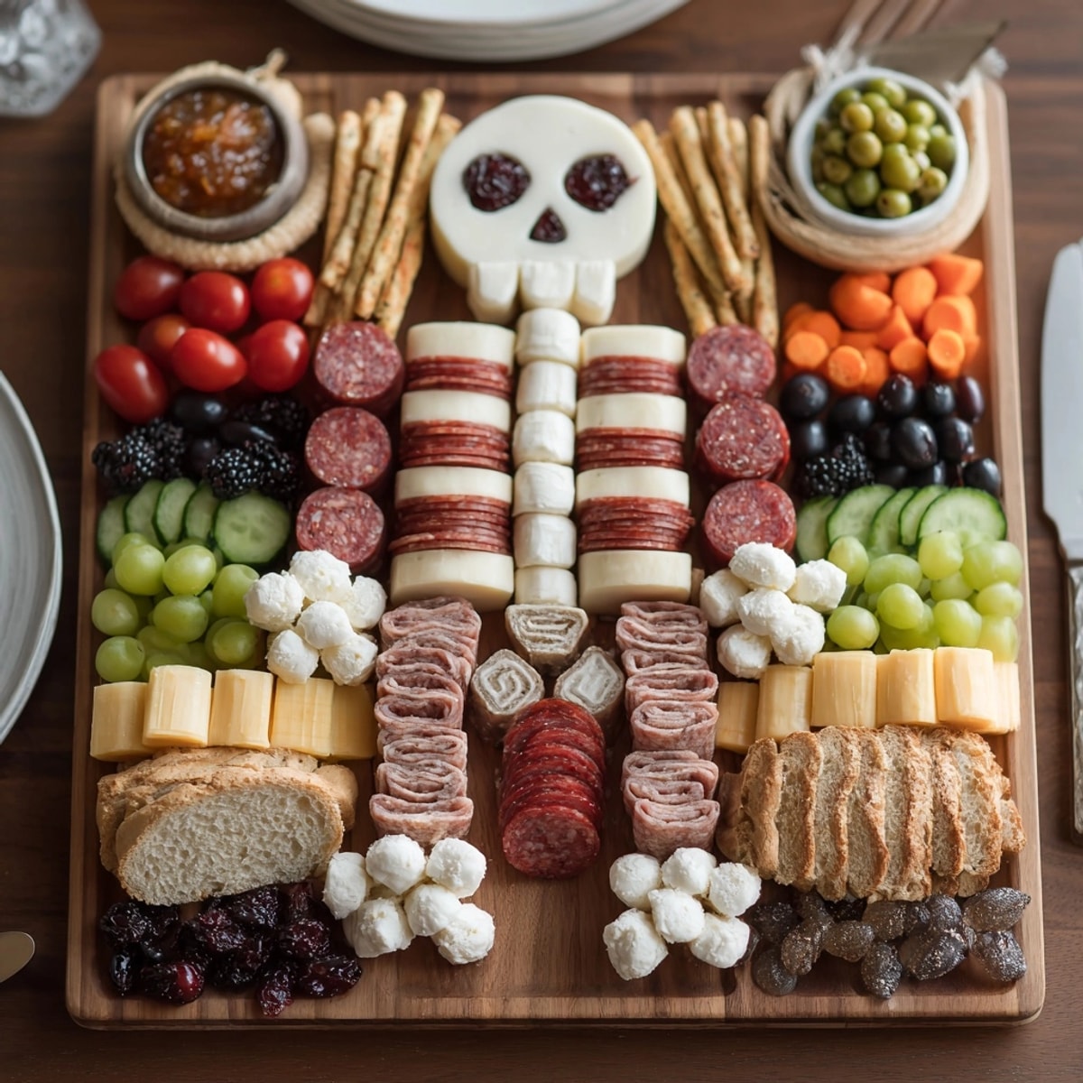 Deconstructed Skeleton Charcuterie Meat & Cheese Board; ideal Halloween appetizer featuring crisp crackers and brie bones.