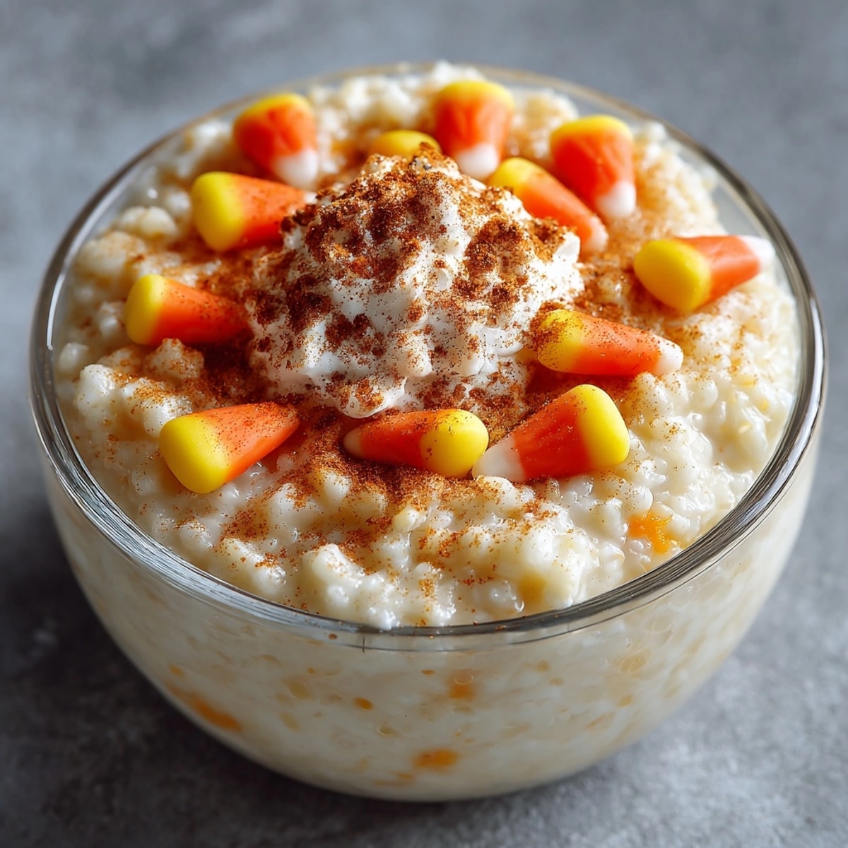 Bowl of warm, fragrant Pumpkin Spice Rice Pudding topped with colorful candy corn.
