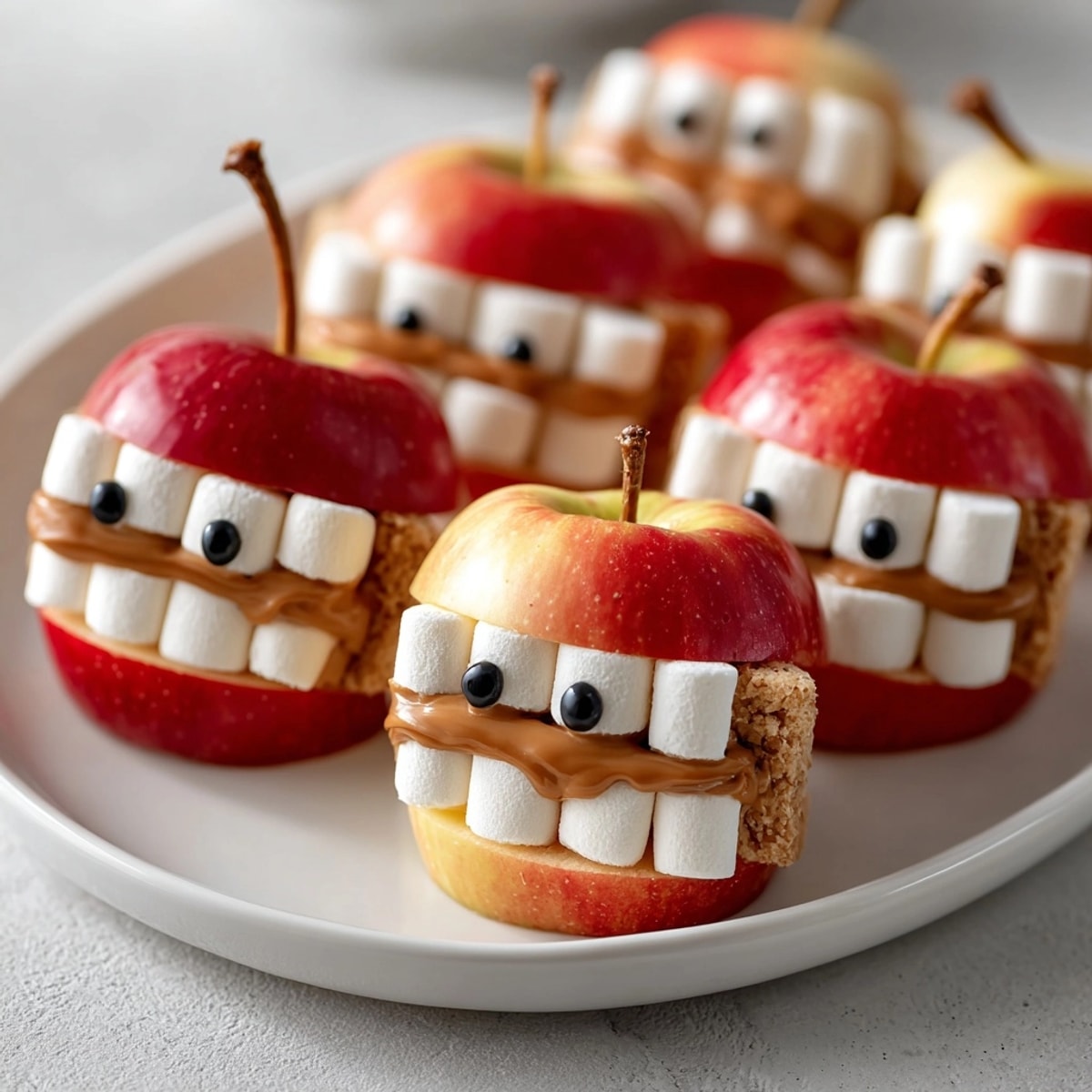 Crisp Apple Monster Mouths snack: Peanut butter adhesive, marshmallow teeth on apple wedges.