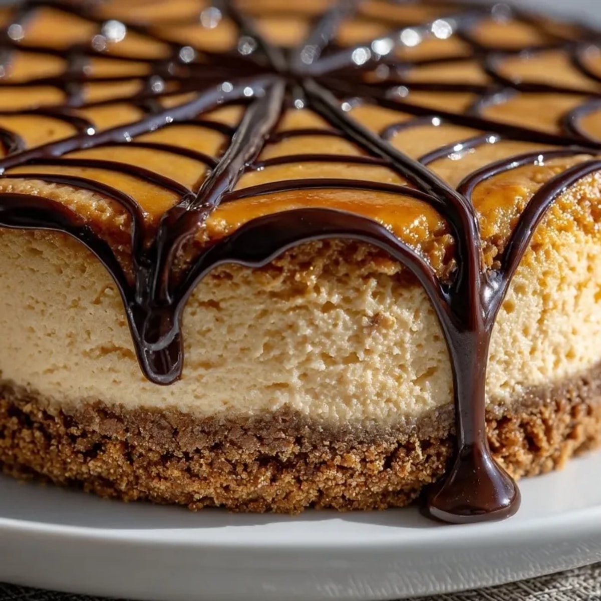 Rich spiced Spiderweb Pumpkin Cheesecake ready to serve, vibrant autumnal colors on a plate.