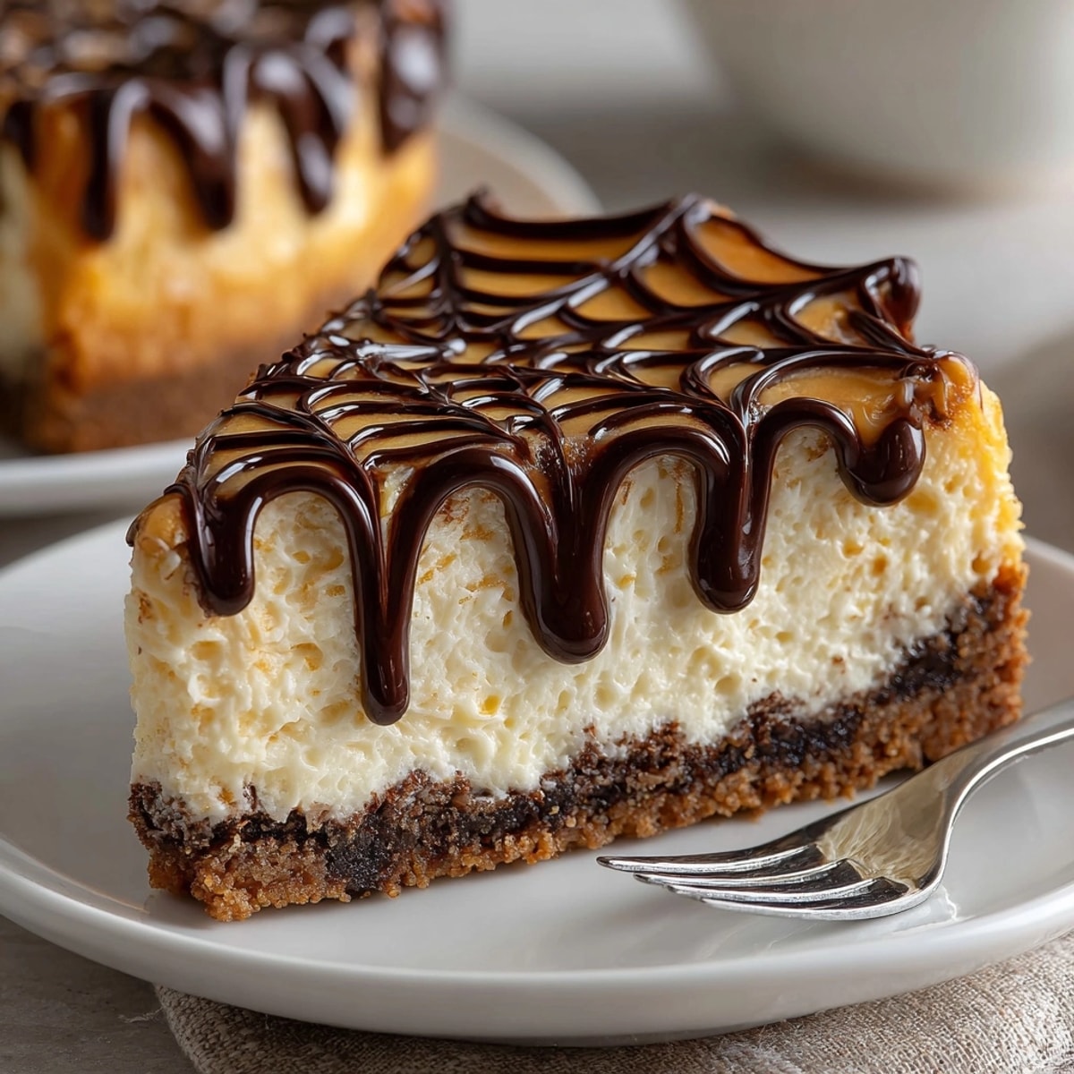 Homemade Spiderweb Pumpkin Cheesecake with intricate dark chocolate detail, chilled and sliced nicely.