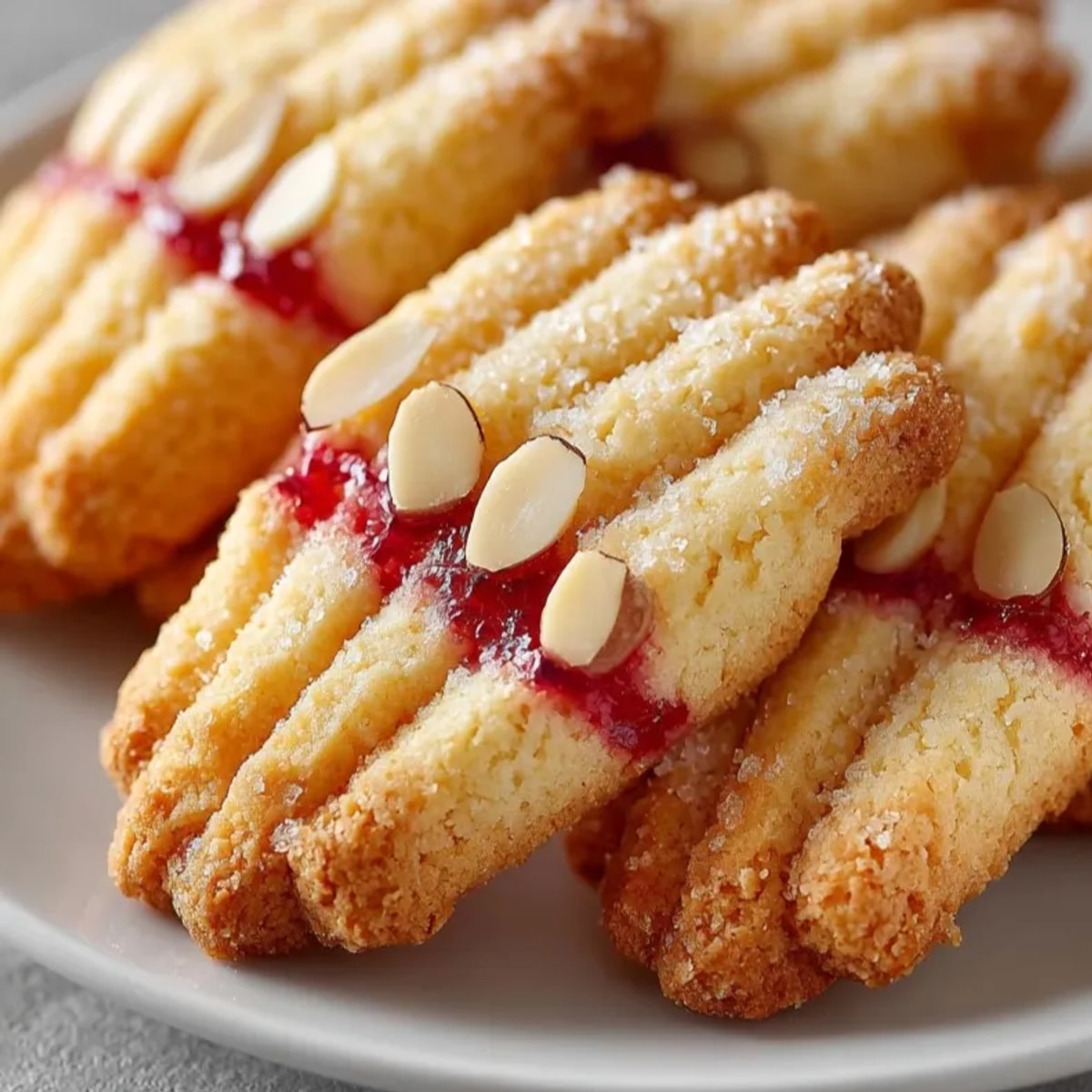 Spooky Witch Finger Shortbread Cookies, baked until golden and topped with almond nails.