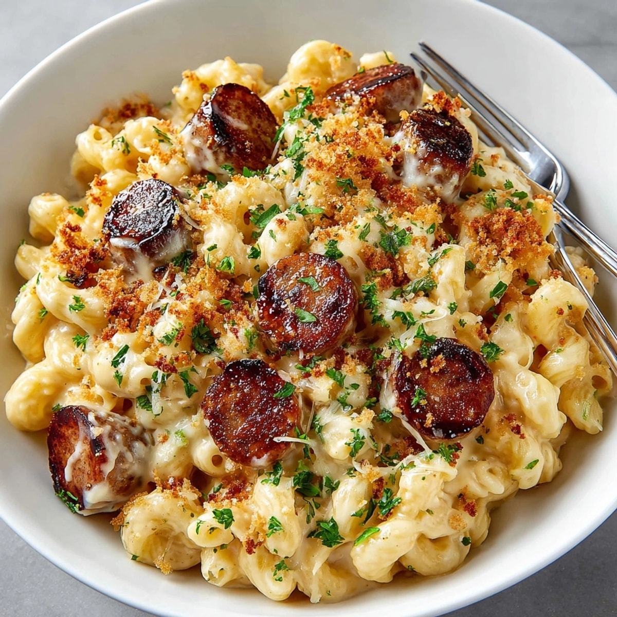 Creamy, vegan bratwurst mac & cheese bubbling hot, speckled with parsley, ready to serve.