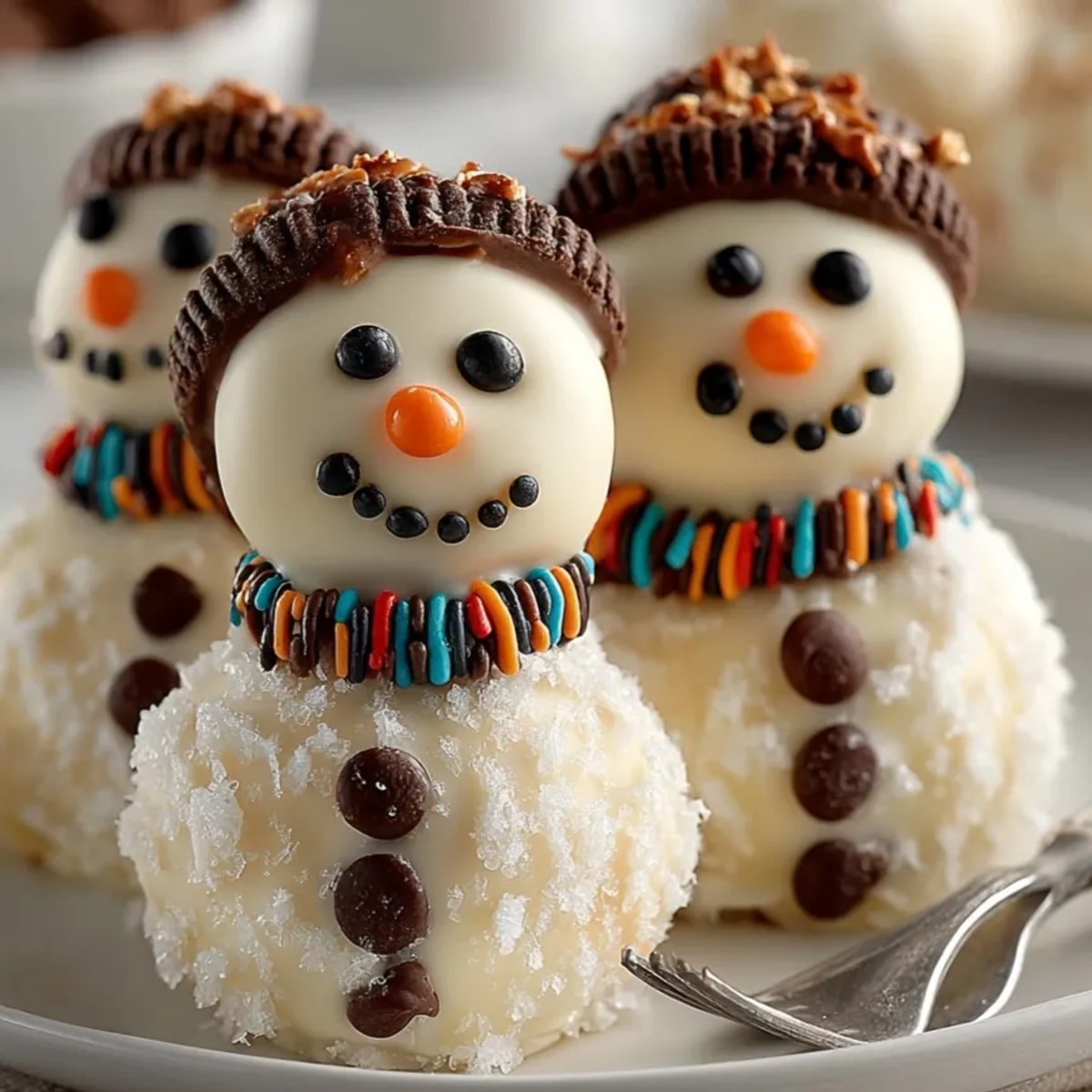 Close-up shows the whimsical No-Bake Oreo Truffles Snowmen, decorated with chocolate chips.