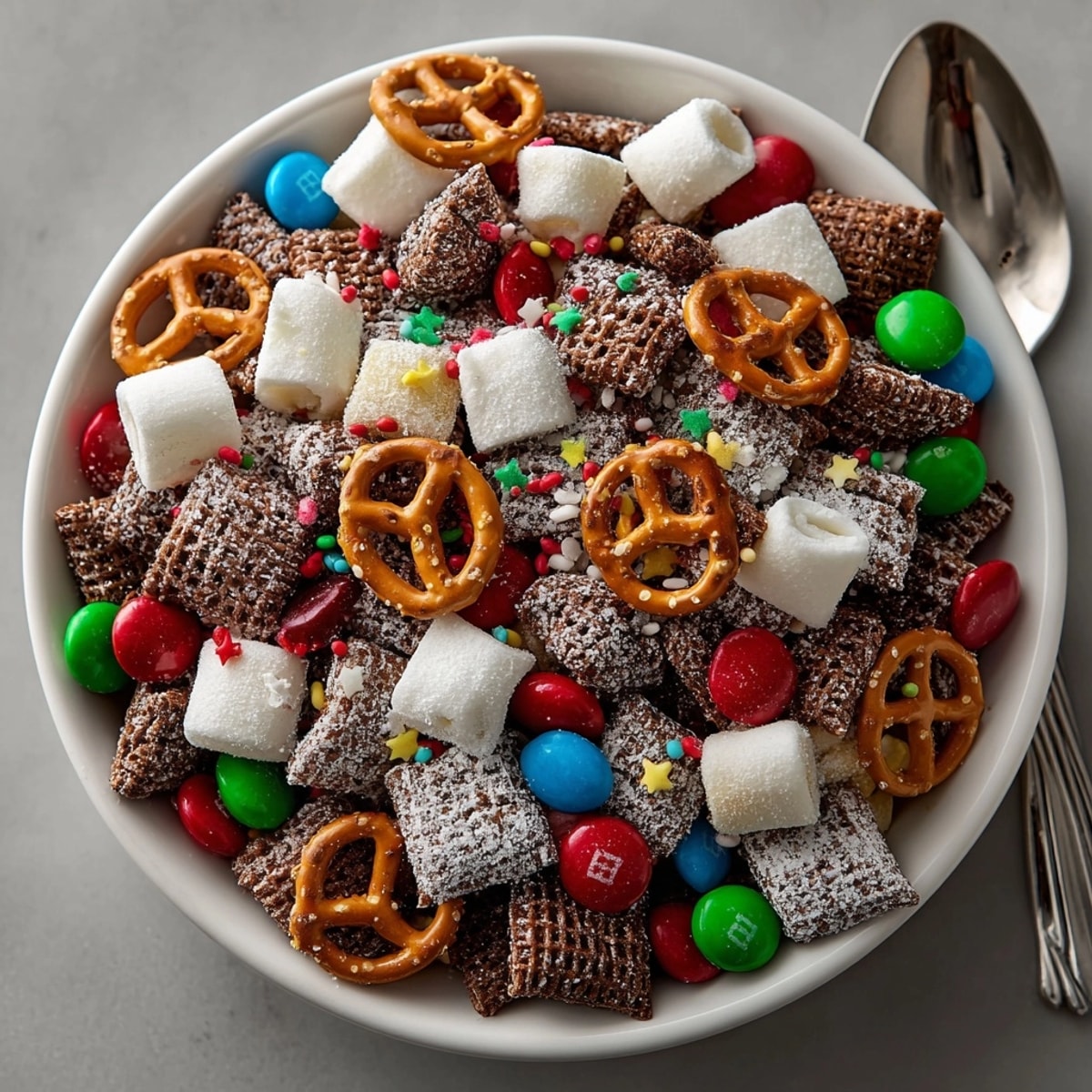 Festive Reindeer Chow: A sweet, crunchy snack mix with chocolate, perfect for Christmas.