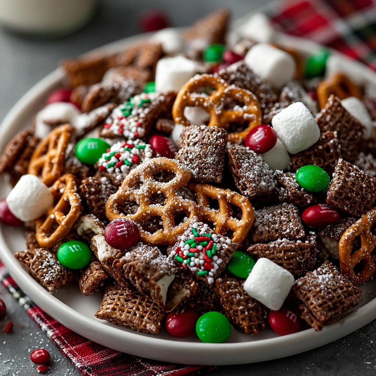 Easy Reindeer Chow recipe with M&Ms and Chex cereal, a kid-friendly no-bake treat.