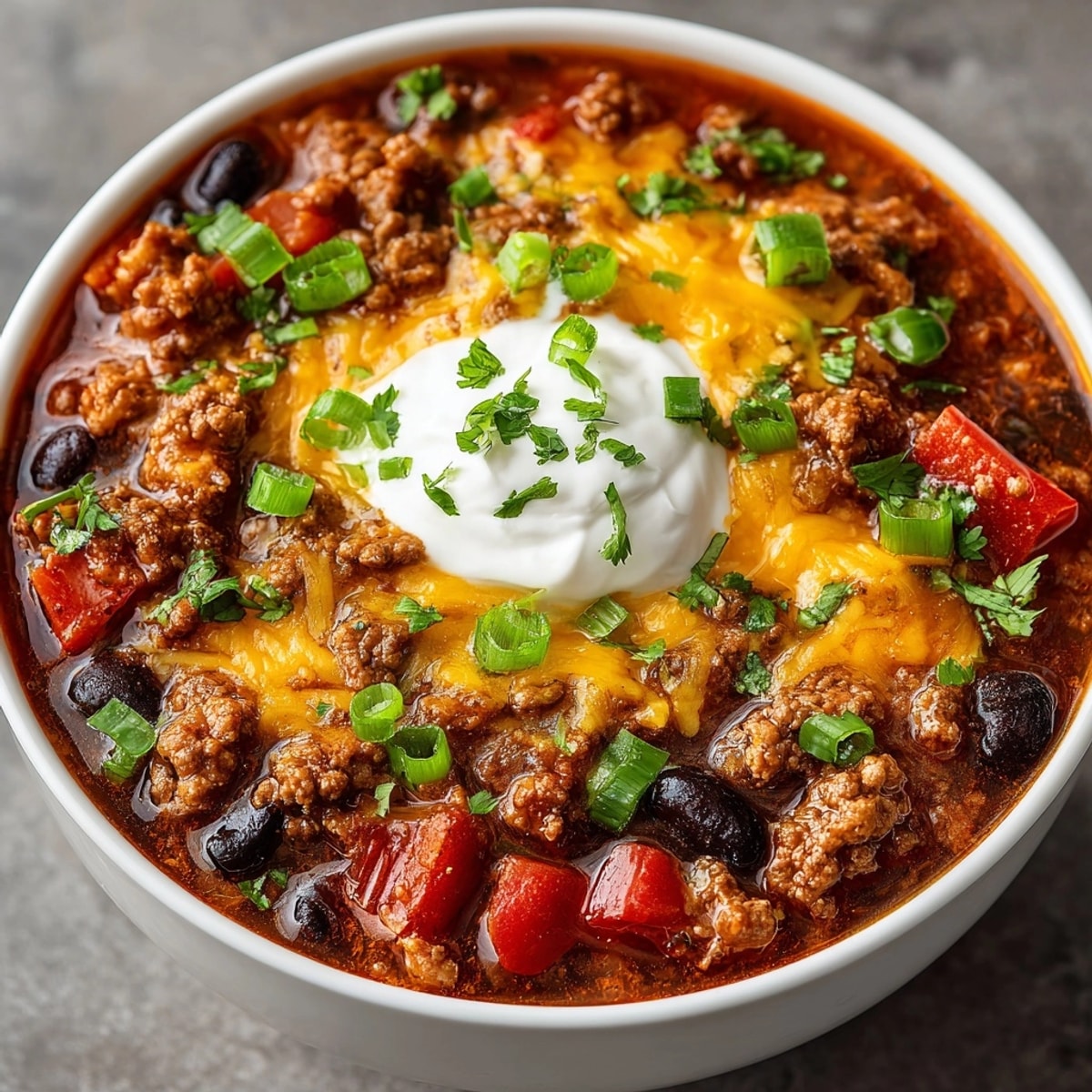 A steaming bowl of Coziest Pumpkin Spice Chili, topped with sour cream and cilantro.
