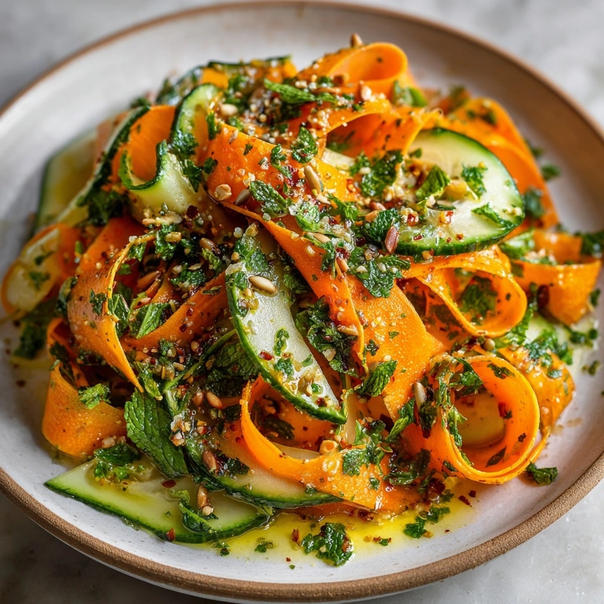 A refreshing Raw Carrot Ribbon Salad, glistening with lemon dressing and herbs.