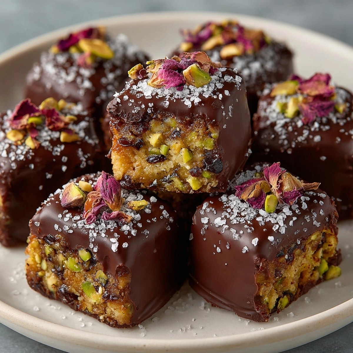 Close-up of glistening Dubai Chocolate Bar Bites sprinkled with pistachios and flaky salt.