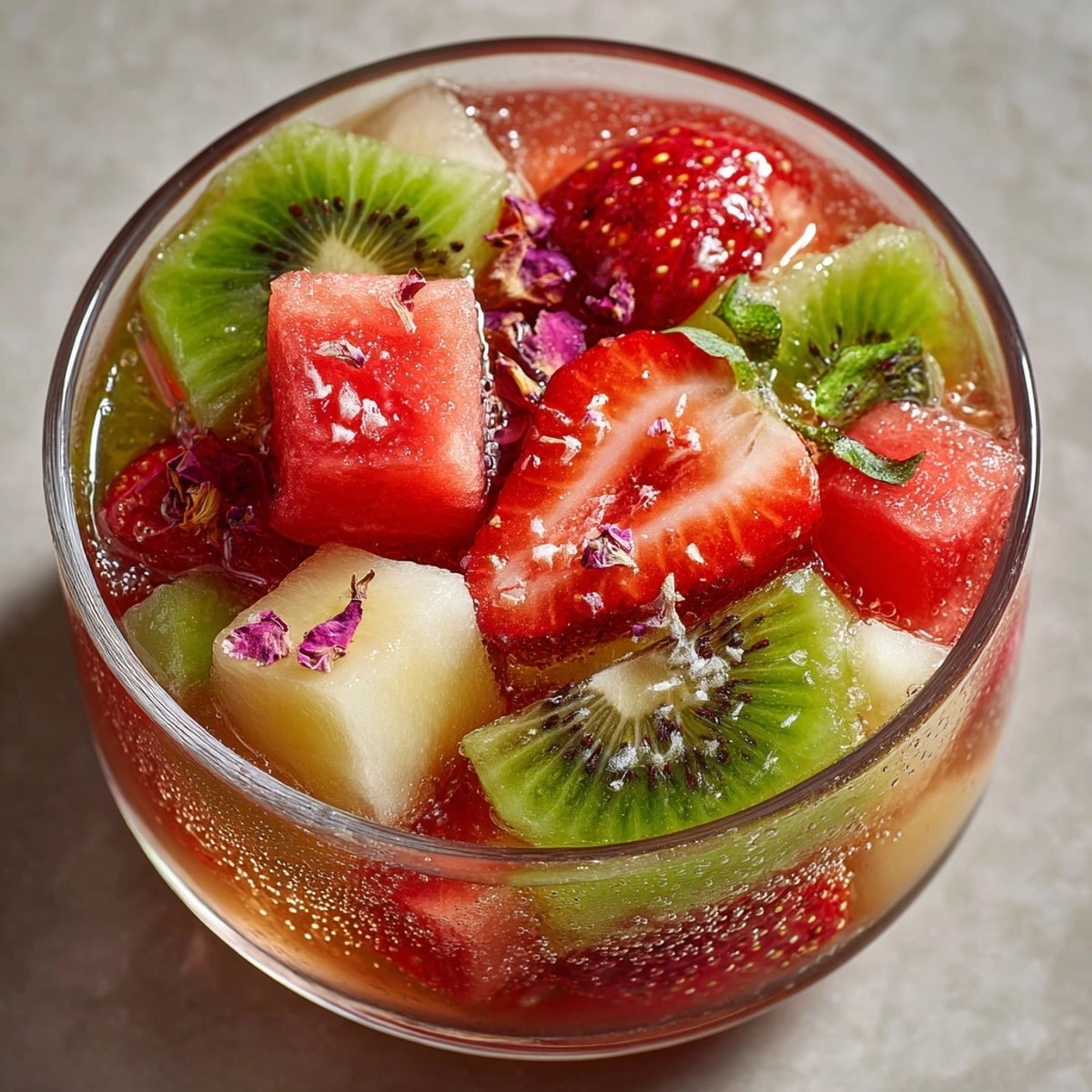 Vibrant Hwachae fruit punch: a colorful mix of Korean melon, berries, and pear.